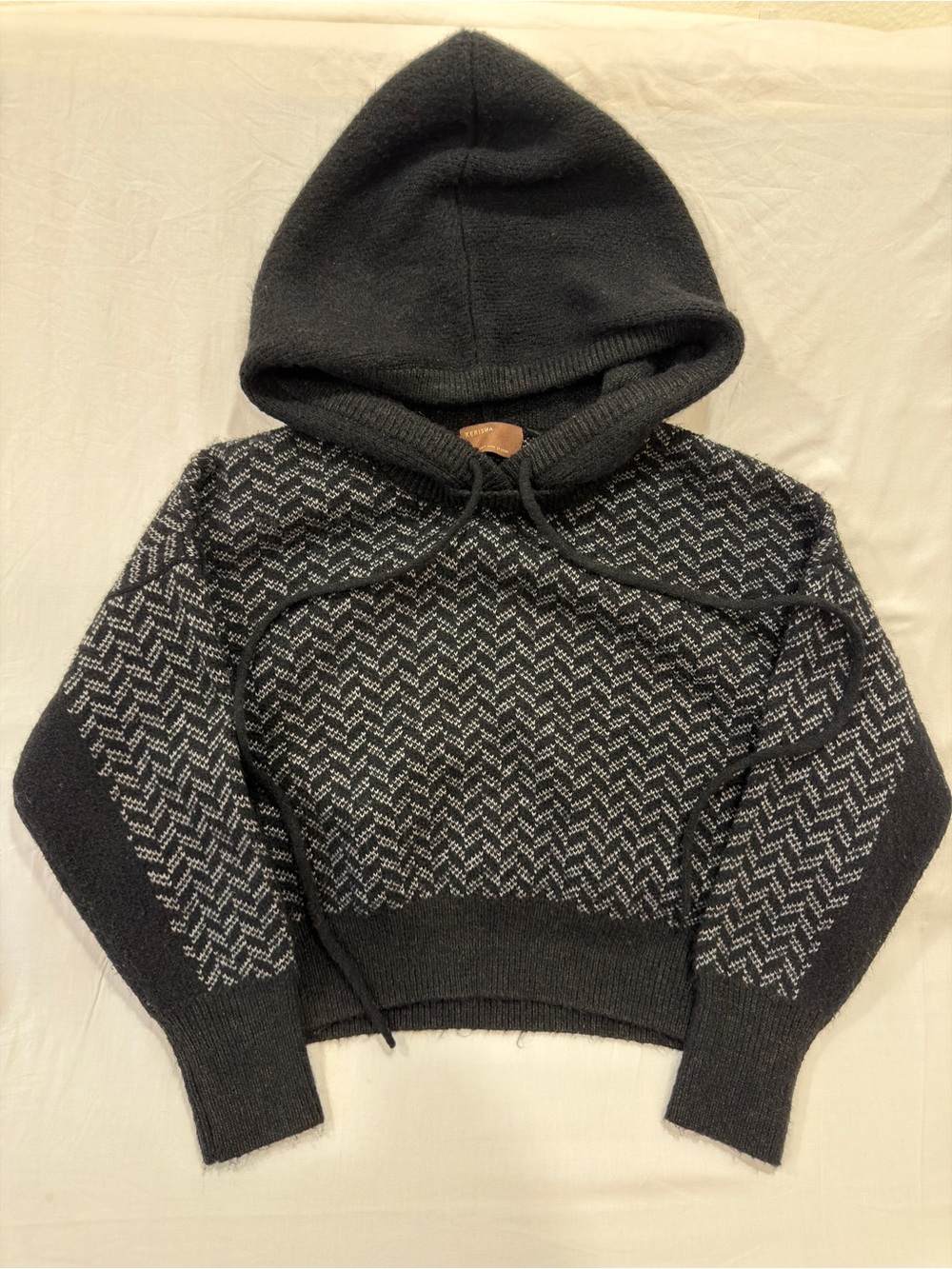 Kerisma Black Gray Herringbone Knit Cropped Hoodie Sweater Drawstring Pullover